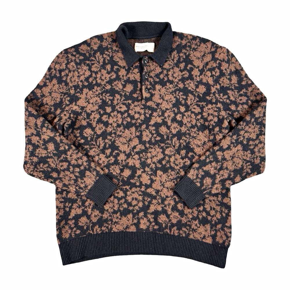 Abercrombie & Fitch Men’s Sweater L Black Brown Floral Collared Knit Button